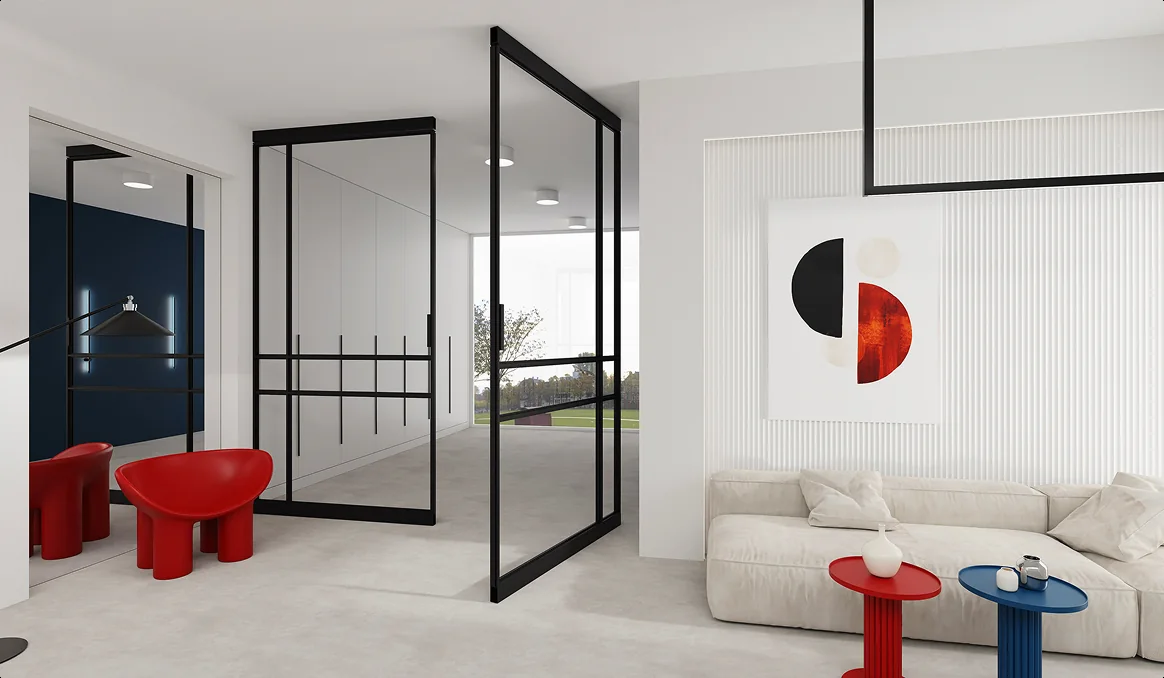 Pivot aluminium loft door in a bright living room